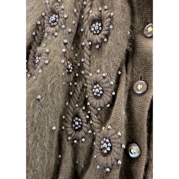 Coco Brown Fuzzy Wool Sweater Cardigan Vtg 80s M Belldini Pearl Beads Angora - Picture 11 of 15
